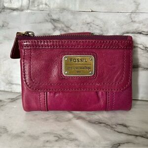 Fossil Emory trifold leather Wallet zipper compartment raspberry fuchsia magenta